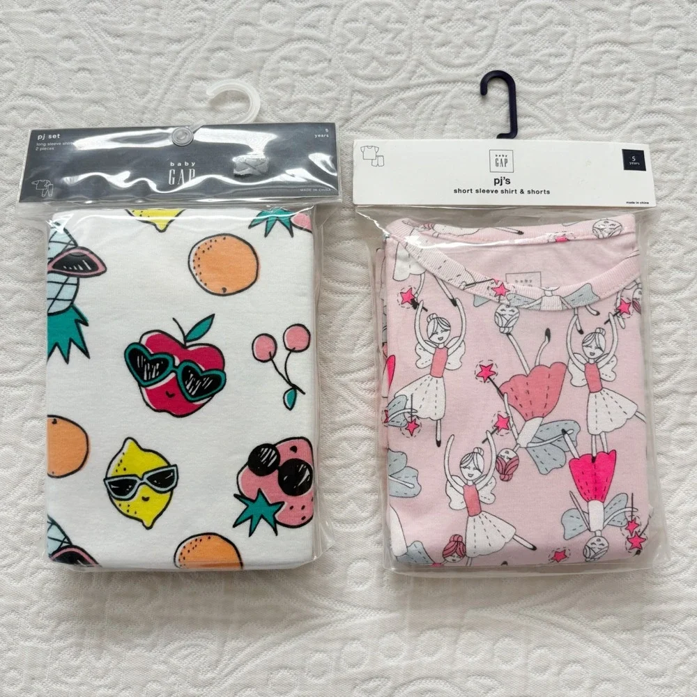Gap Girls' Fairy and Fruit Pajama Sets (5T - 1 Short Sleeve, 1 Long‎ Sleeve)